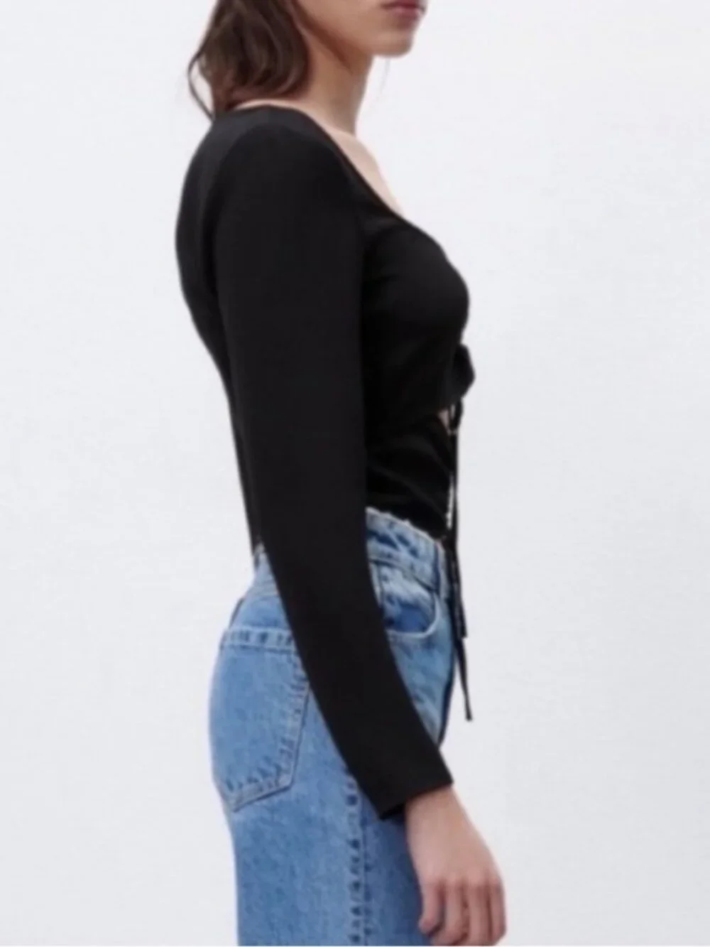 ZARA Ruched Cut Out Long Sleeve Black Top Blouse Size Small